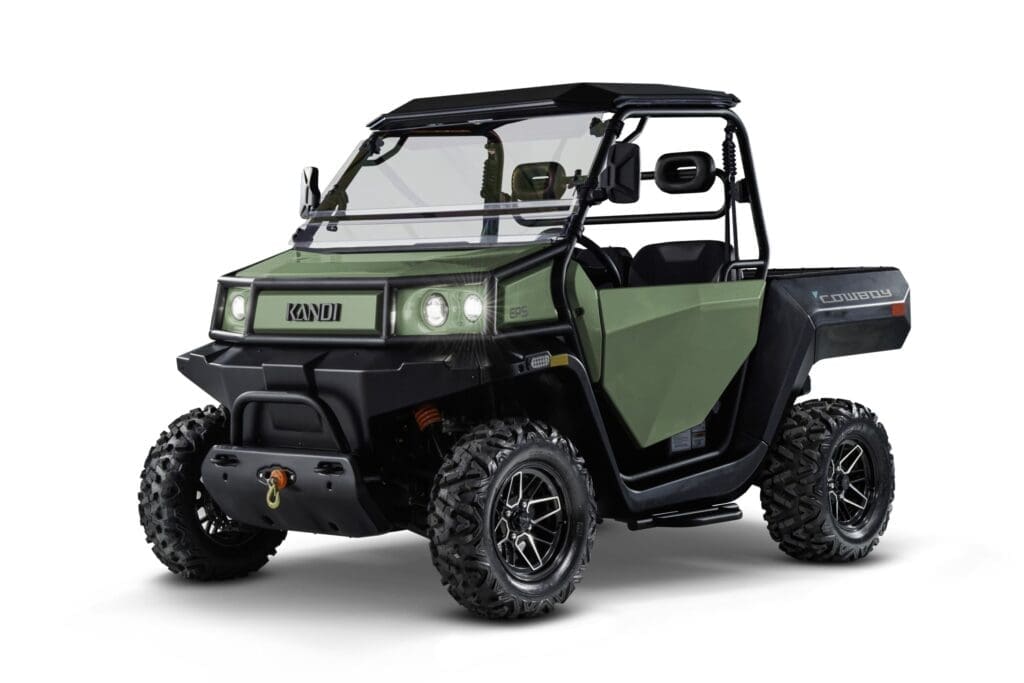 Green Kandi Cowboy electric utv, diagonal front view