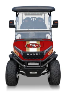 San Francisco 49ers branded Kandi electric golf cart, front view