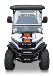 Denver Broncos branded Kandi electric golf cart, front view