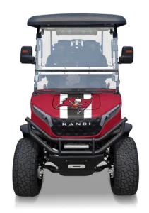 Tampa Bay Buccaneers branded Kandi electric golf cart, front view