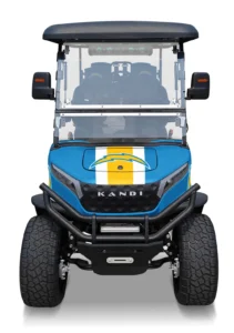 Los Angeles Chargers branded Kandi electric golf cart, front view