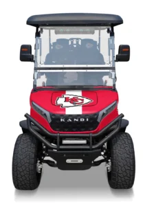 Kansas City Chiefs branded Kandi electric golf cart, front view