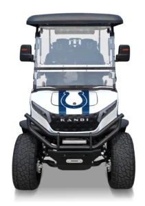 Indianapolis Colts branded Kandi electric golf cart, front view