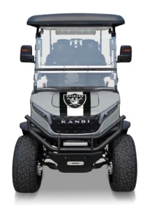 Las Vegas Raiders branded Kandi electric golf cart, front view