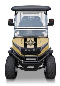 New Orleans Saints branded Kandi electric golf cart, front view