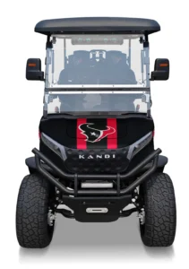 Front view of Houston Texans themed Kandi electric golf cart