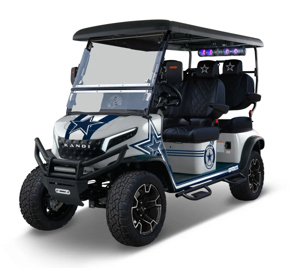 Generic Kandi electric golf cart in motion, left side view