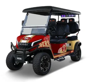 San Francisco 49ers themed Kandi electric golf cart, left side view