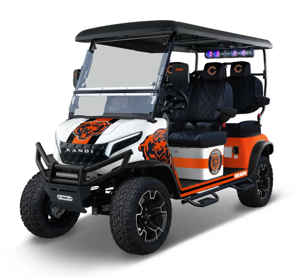 Chicago Bears themed Kandi electric golf cart, left side view