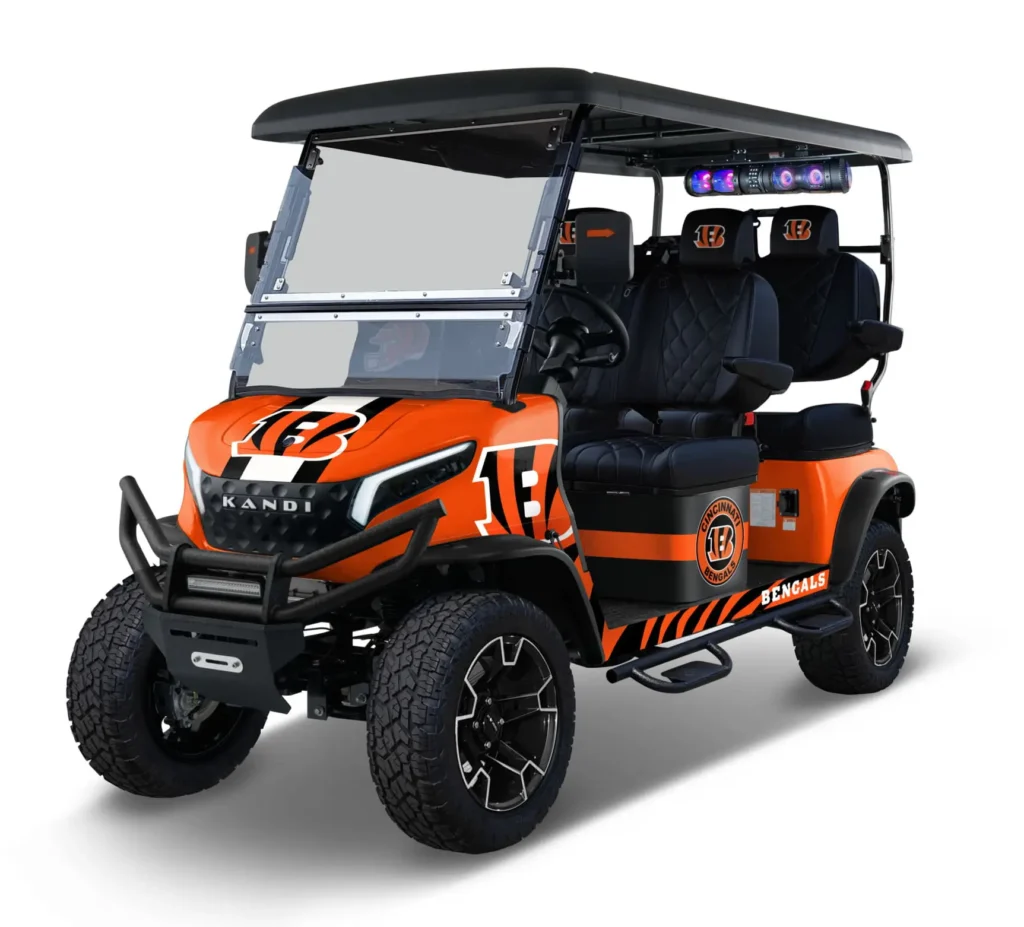 Cincinnati Bengals themed Kandi electric golf cart, left side view
