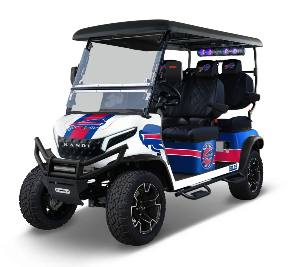 Buffalo Bills themed Kandi electric golf cart, left side view
