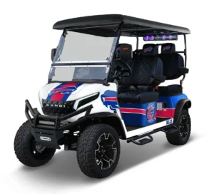 Buffalo Bills themed Kandi electric golf cart, left side view