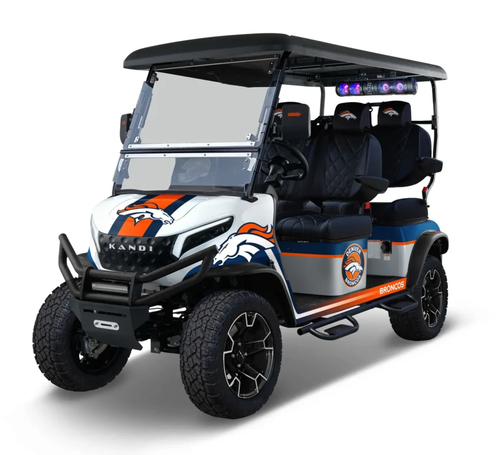 Denver Broncos themed Kandi electric golf cart, left side view