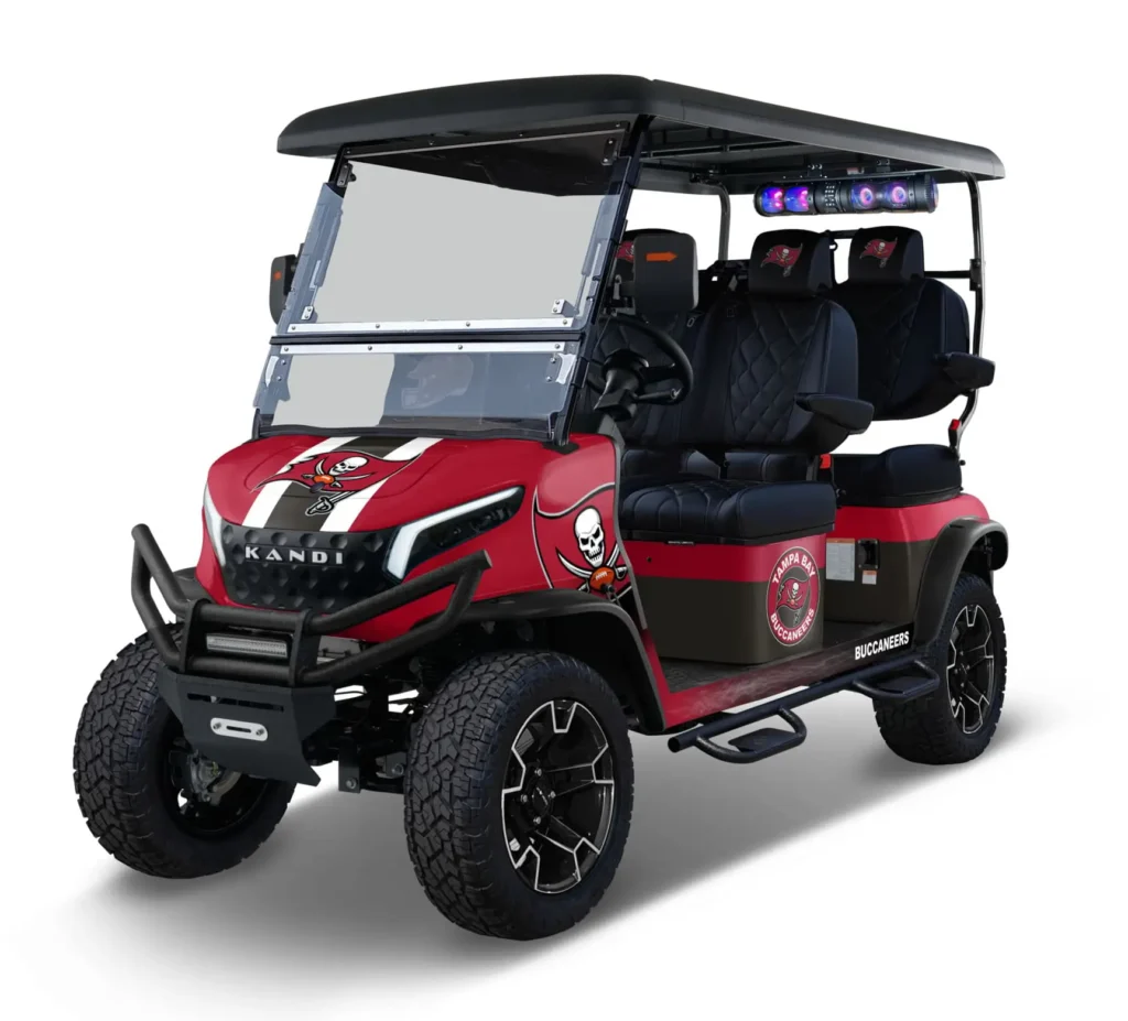 Tampa Bay Buccaneers themed Kandi electric golf cart, left side view