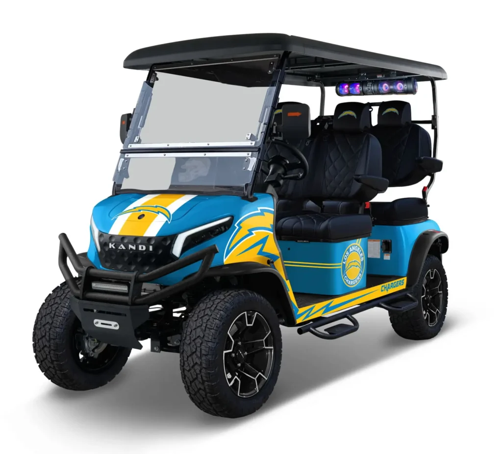 Los Angeles Chargers themed Kandi electric golf cart, left side view