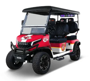 Kansas City Chiefs themed Kandi electric golf cart, left side view