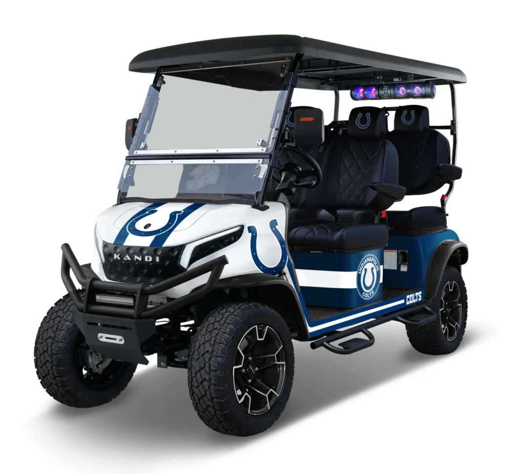 Indianapolis Colts branded Kandi electric golf cart, angled front view
