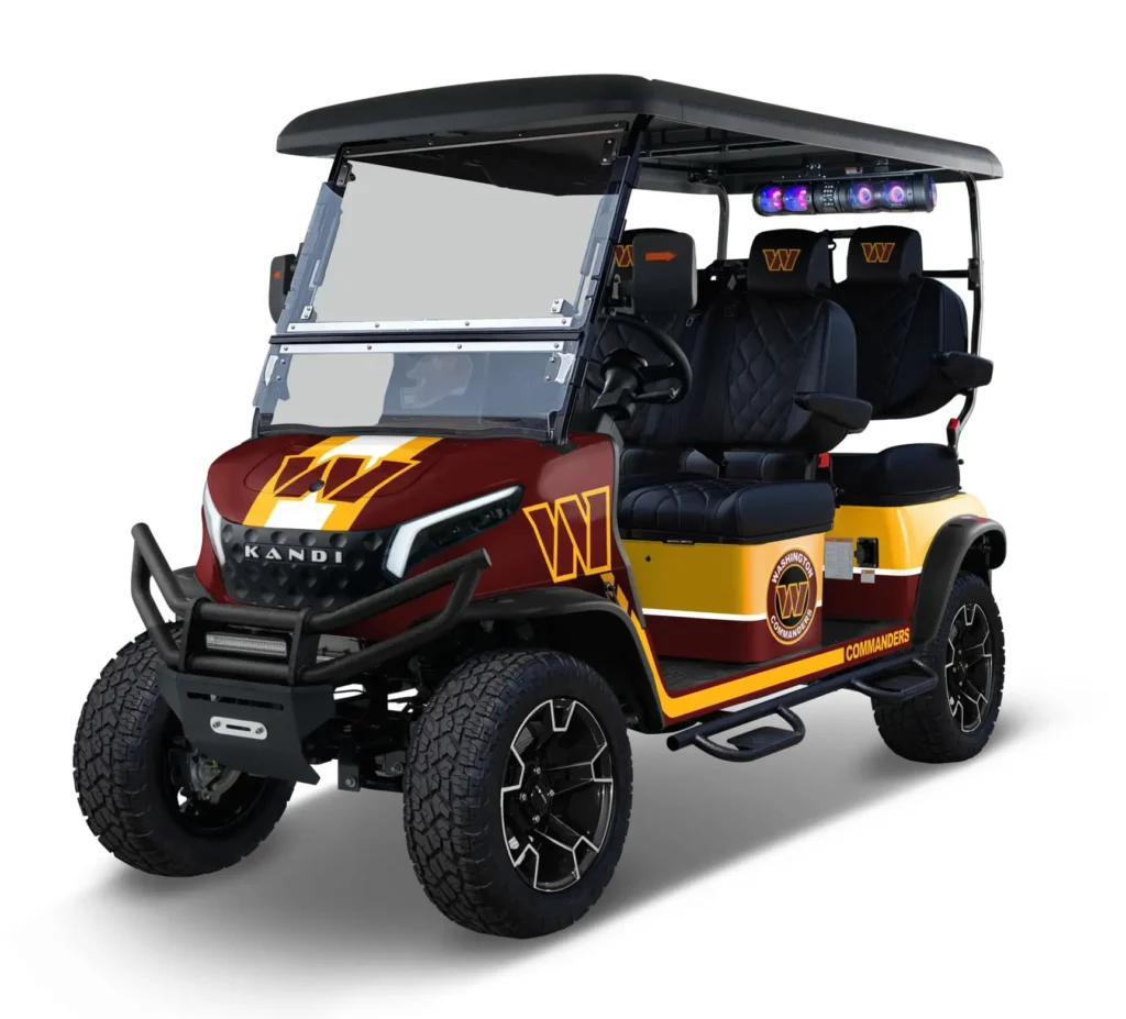 Washington Commanders themed Kandi electric golf cart, left side view