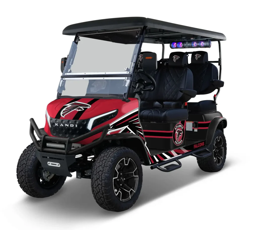 Atlanta Falcons themed Kandi electric golf cart, left side view.