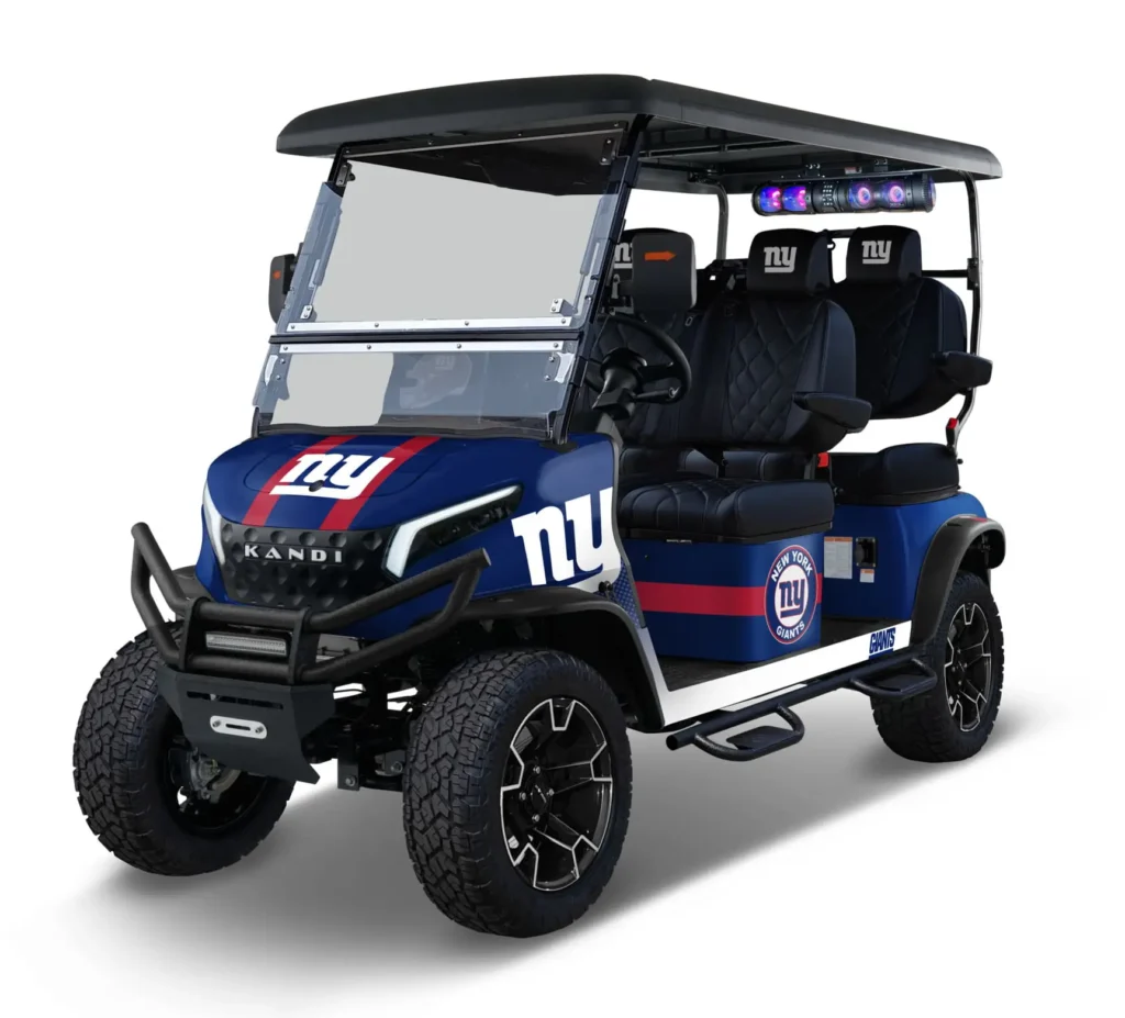 New York Giants themed Kandi electric golf cart, left side view