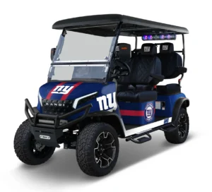 New York Giants themed Kandi electric golf cart, left side view