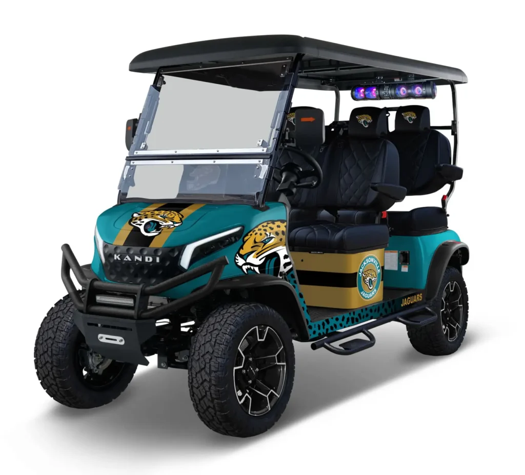 Jacksonville Jaguars themed Kandi electric golf cart, left side view