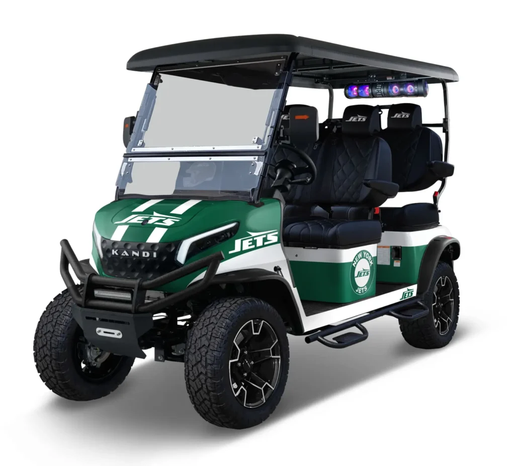 New York Jets themed Kandi electric golf cart, left side view