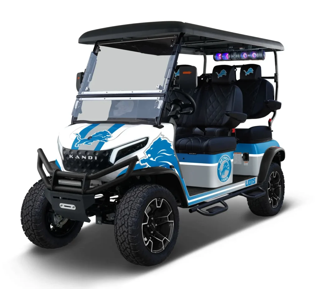 Detroit Lions themed Kandi electric golf cart, left side view