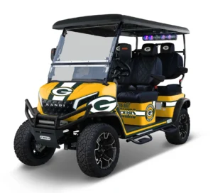 Green Bay Packers themed Kandi electric golf cart, left side view
