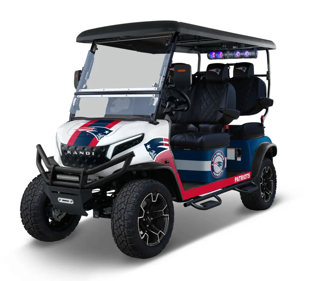 New England Patriots themed Kandi electric golf cart, left side view