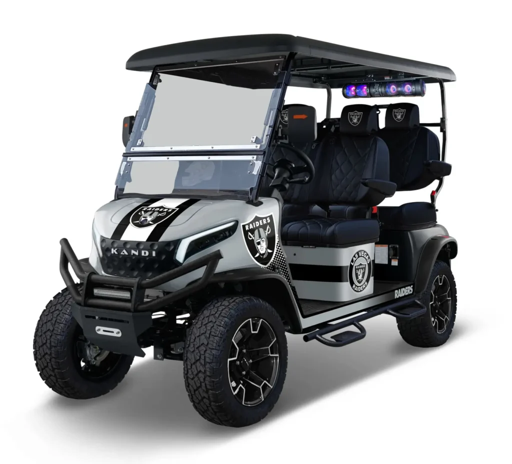Las Vegas Raiders themed Kandi electric golf cart, left side view