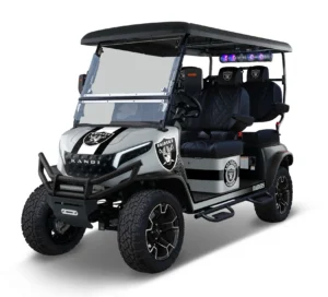 Las Vegas Raiders themed Kandi electric golf cart, left side view