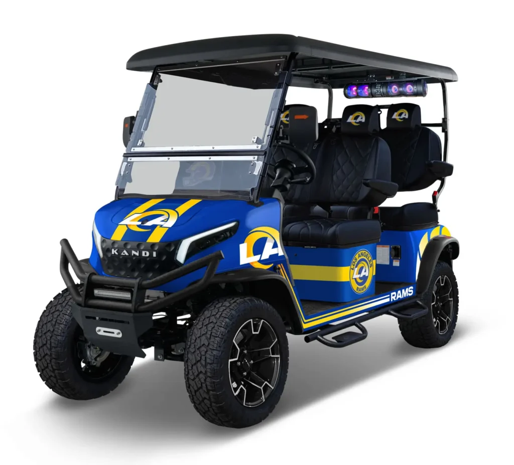 Los Angeles Rams themed Kandi electric golf cart, left side view