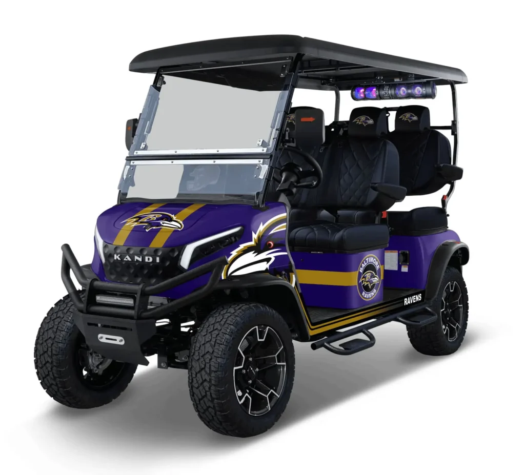 Baltimore Ravens themed Kandi electric golf cart, left side view