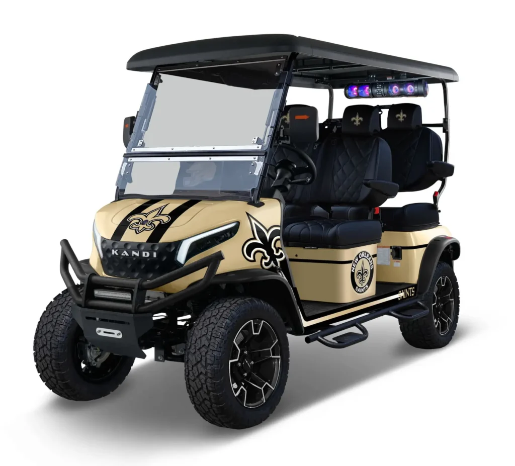 New Orleans Saints themed Kandi electric golf cart, left side view