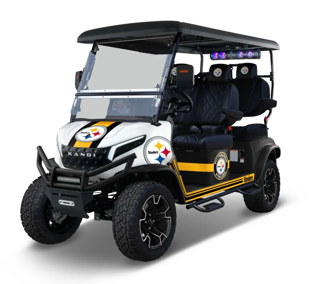 Pittsburgh Steelers themed Kandi electric golf cart, left side view