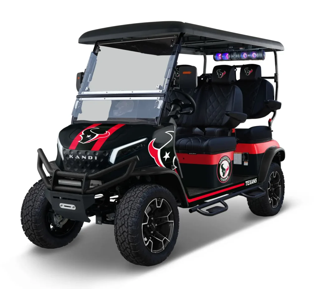 Houston Texans branded Kandi electric golf cart, left side view