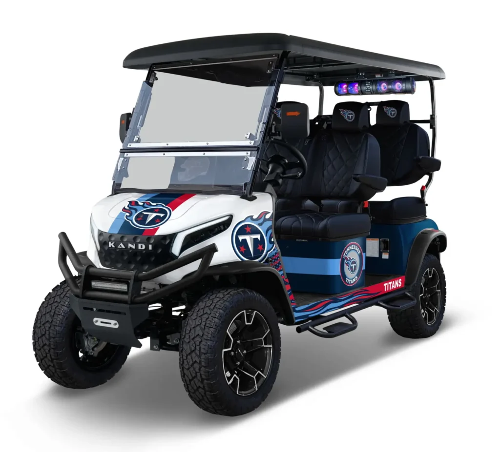 Tennessee Titans themed Kandi electric golf cart, left side view