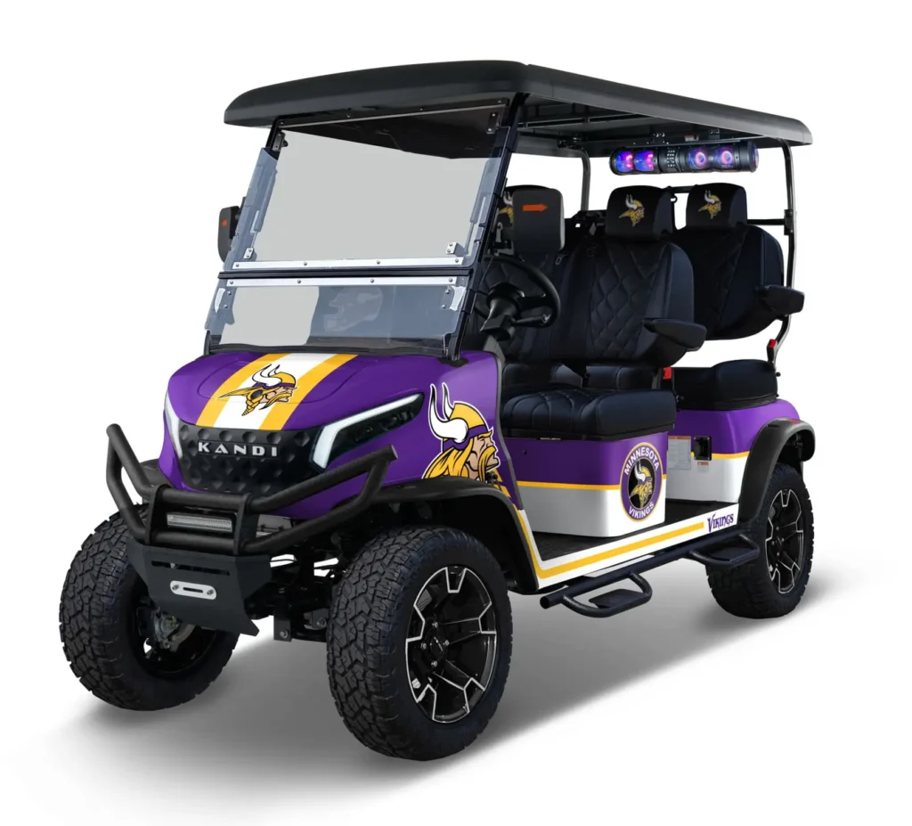 Minnesota Vikings themed Kandi electric golf cart, left side view.