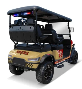 San Francisco 49ers themed Kandi electric golf cart, rear angled view