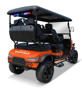 Cincinnati Bengals themed Kandi electric golf cart, rear angled view