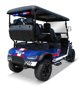 Buffalo Bills themed Kandi electric golf cart, rear angled view