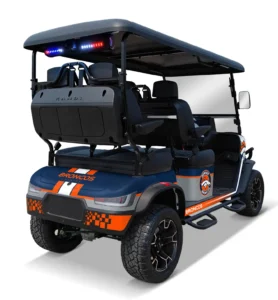 Denver Broncos themed Kandi electric golf cart, rear angled view