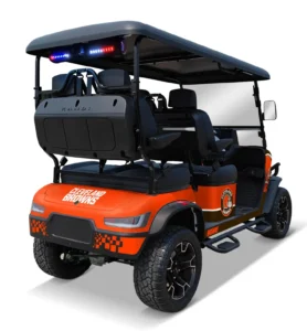 Cleveland Browns themed Kandi electric golf cart, angled rear view