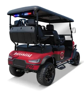 Tampa Bay Buccaneers themed Kandi electric golf cart, rear angled view