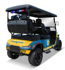 Los Angeles Chargers themed Kandi electric golf cart, rear angled view