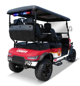Kansas City Chiefs themed Kandi electric golf cart, rear angled view