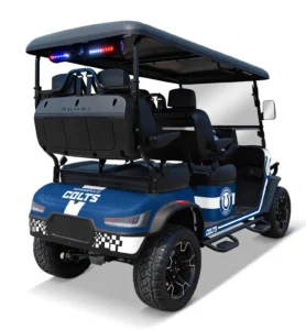Indianapolis Colts themed Kandi electric golf cart, rear angled view