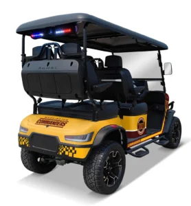 Yellow and black Kandi Commander electric golf cart, angled rear view