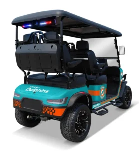 Miami Dolphins themed Kandi electric golf cart, rear angled view
